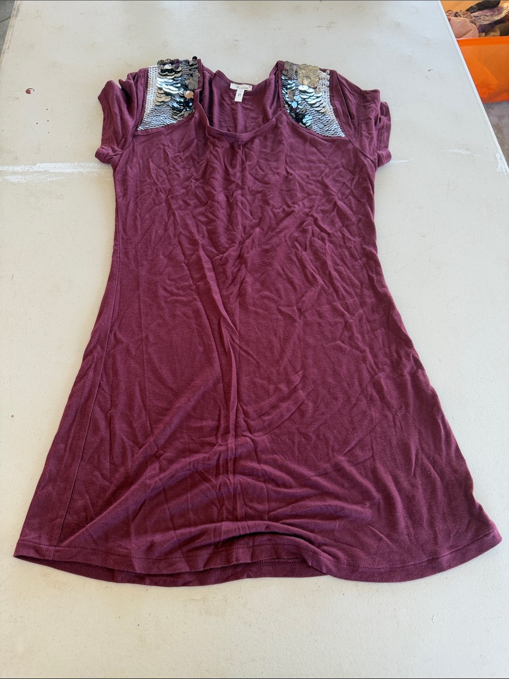 Flounce Sequin Shoulder Short Sleeve Tunic - Plum